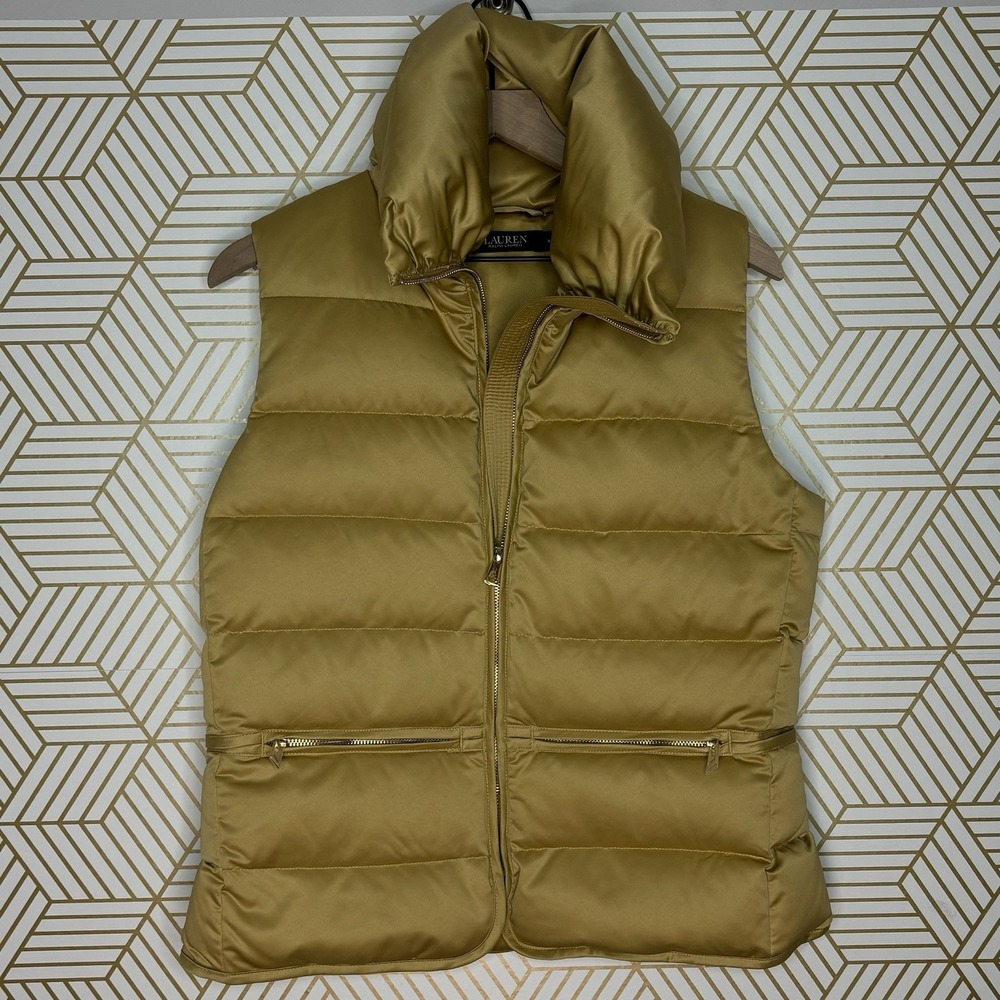 Ralph Lauren Women's Satin Quilted Down Puffer Vest Gold Ruched Medium Glam Cowl